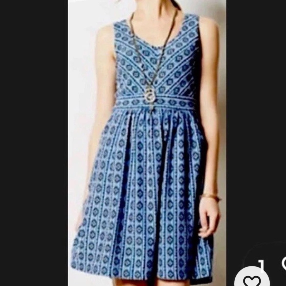 ANTHROPOLOGIE Dress Size 2 Maeve Lazuli Blue Black Aztec Tribal Print V Neck